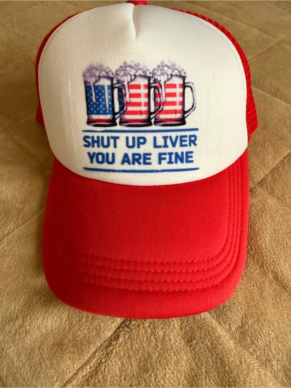 Red and White Trucker Hat with Patriotic Beer Graphic